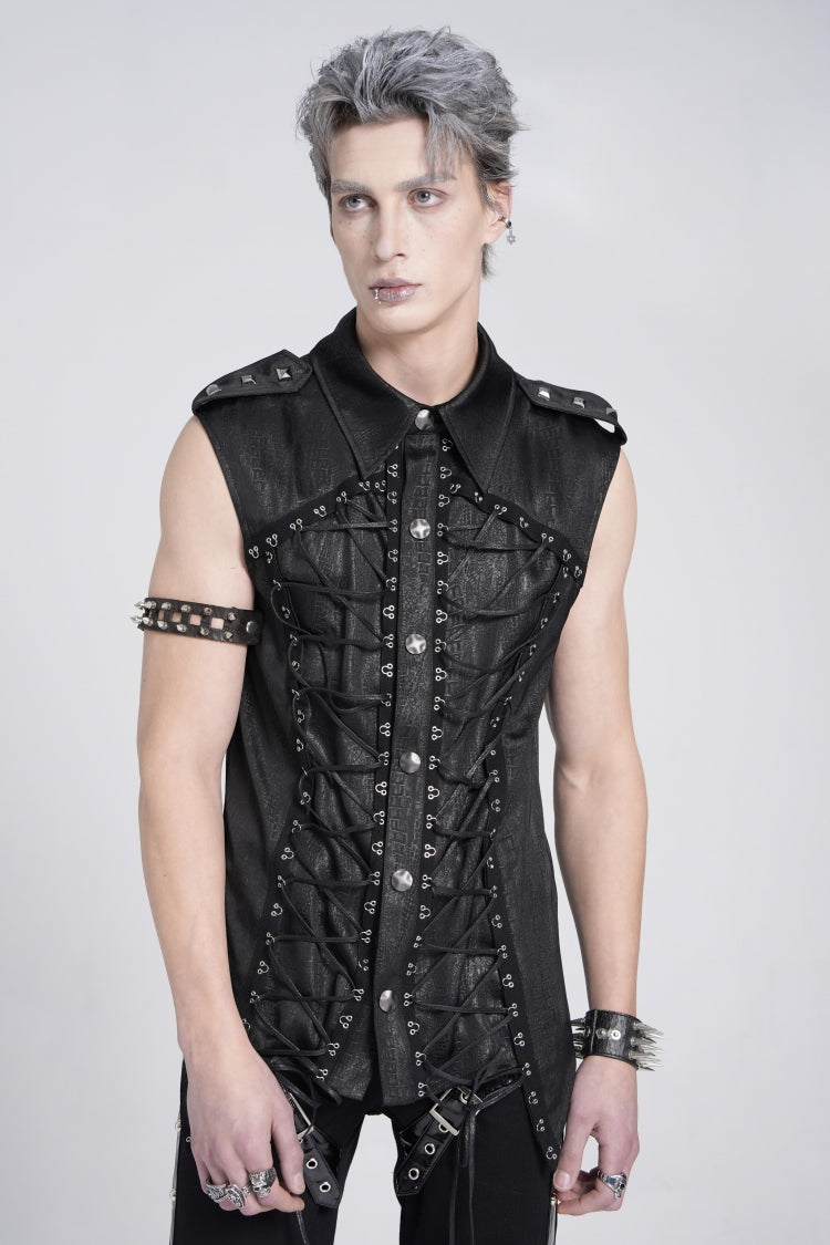 Black Sleeveless Studded Lace-Up Men's Gothic Blouse - Product - 4