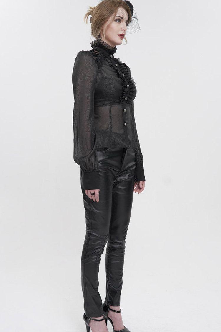 Black Long Sleeve Ruffles On Chest Shoulder Back Tie Detail See-Through Pattern Material Stand Collar Women's Gothic Shirt - Product - 8