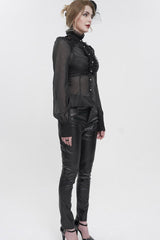 Black Long Sleeve Ruffles On Chest Shoulder Back Tie Detail See-Through Pattern Material Stand Collar Women's Gothic Shirt - Product - 8