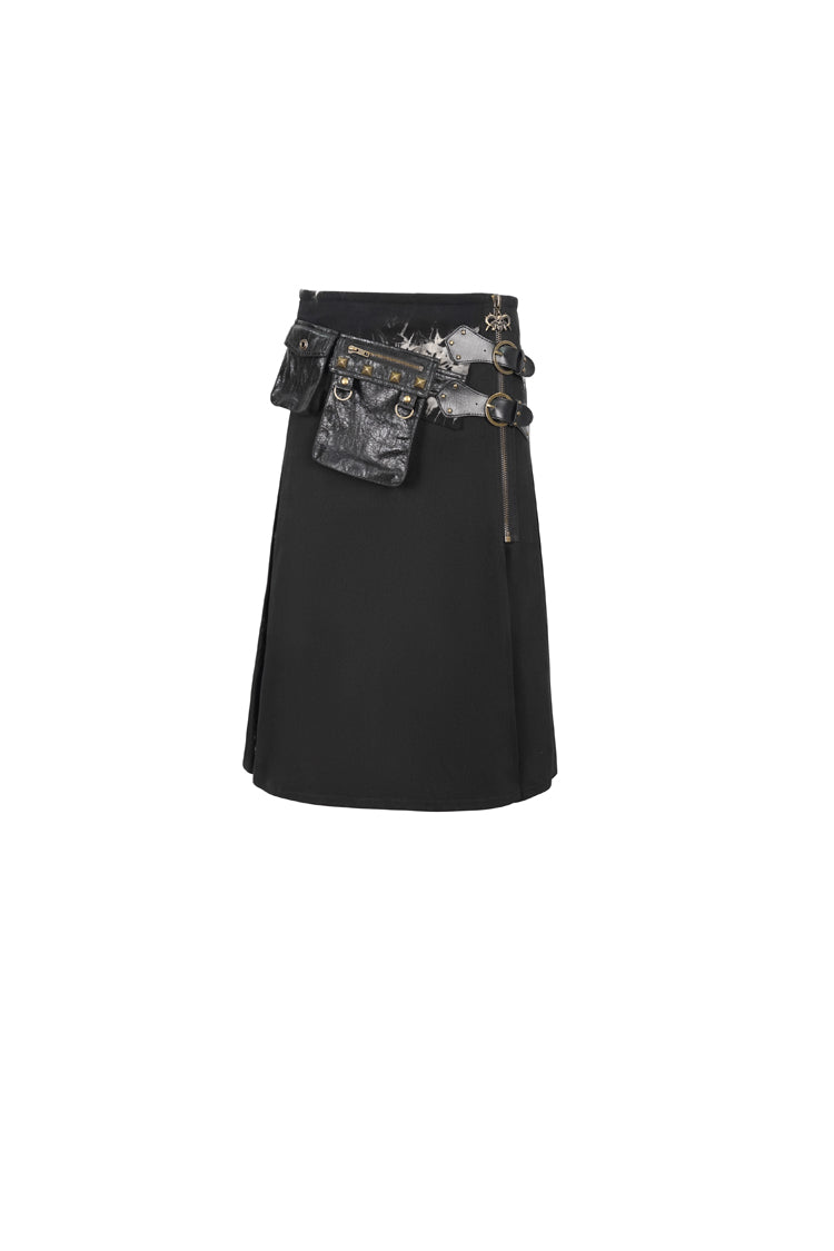 Black Tie-Dye Patchwork With Waist Bag Men's Gothic Skirt - Product - 8