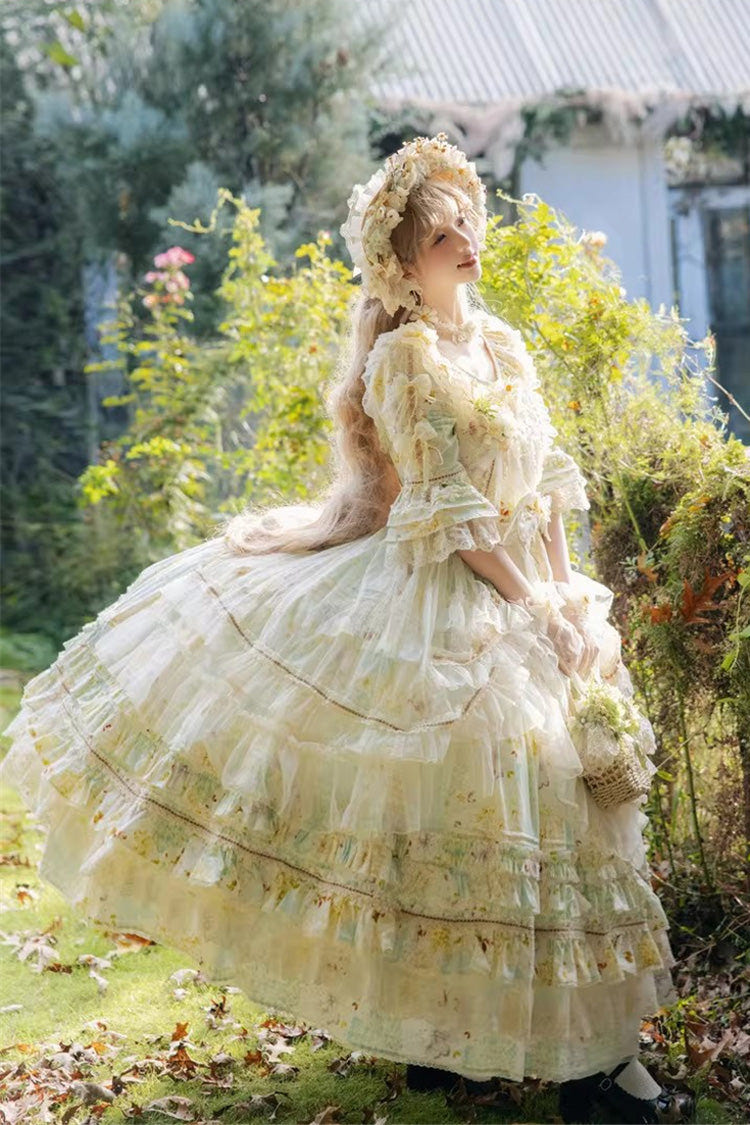 Green [Little Daisy] Lapel Collar Half Sleeves Multi-Layered Printed Bow Lace Princess Gorgeous Plus Size Sweet Lolita Dress - Product - 2