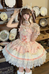 Pink [Rose Feather Romance] Square Collar Ruffled Bow Lace Ballet Sweet Lolita Jsk Dress - Product - 2