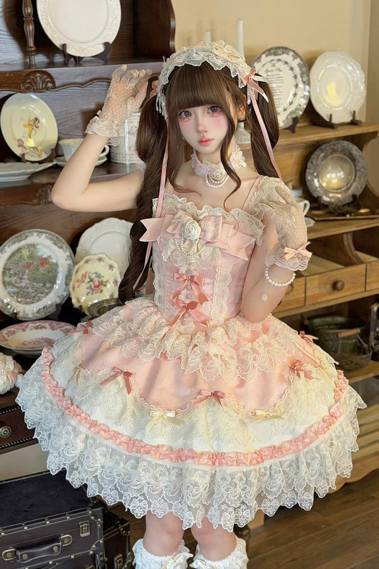 Pink [Rose Feather Romance] Square Collar Ruffled Bow Lace Ballet Sweet Lolita Jsk Dress - Product - 2