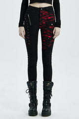 Buttonhole Drawstring Stitching Lace-Up Mesh Women's Steampunk Skinny Jeans Pants 2 Colors - Black/Red - 1
