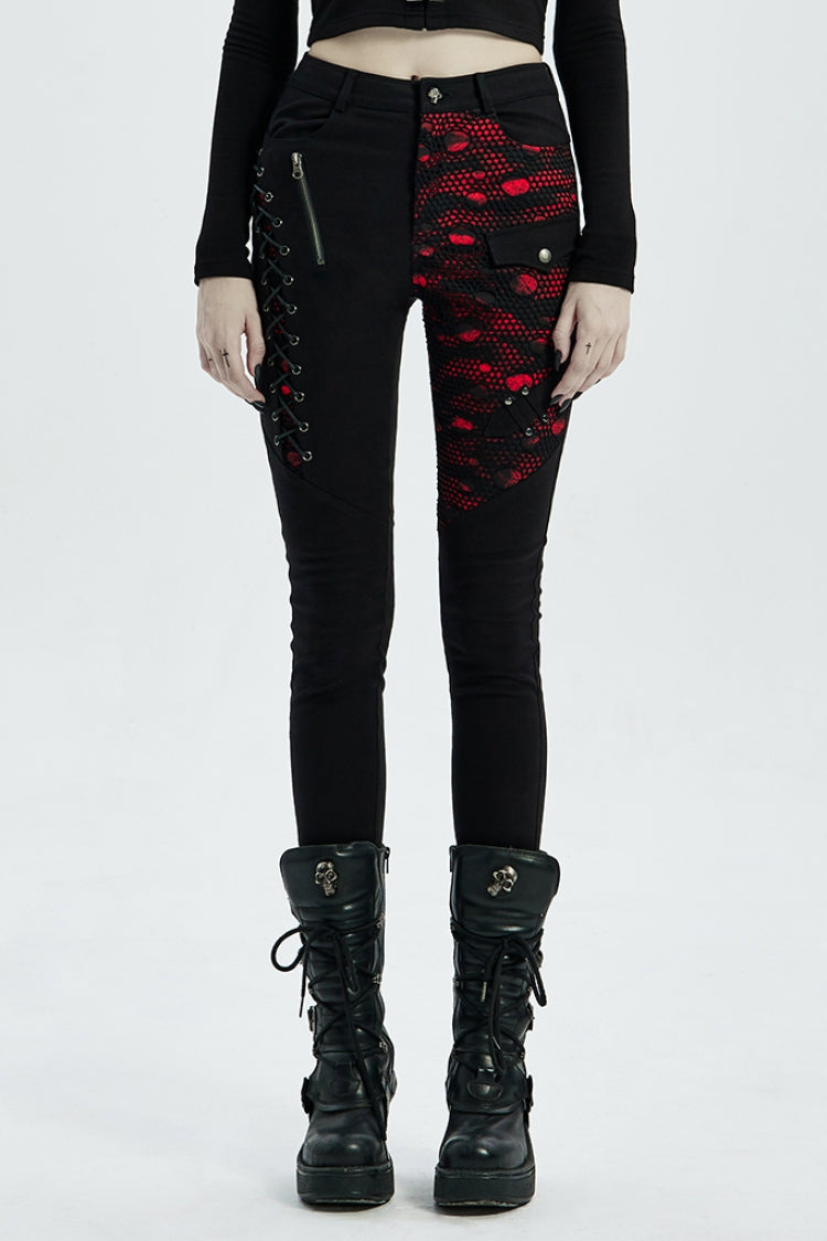 Buttonhole Drawstring Stitching Lace-Up Mesh Women's Steampunk Skinny Jeans Pants 2 Colors - Black/Red - 1