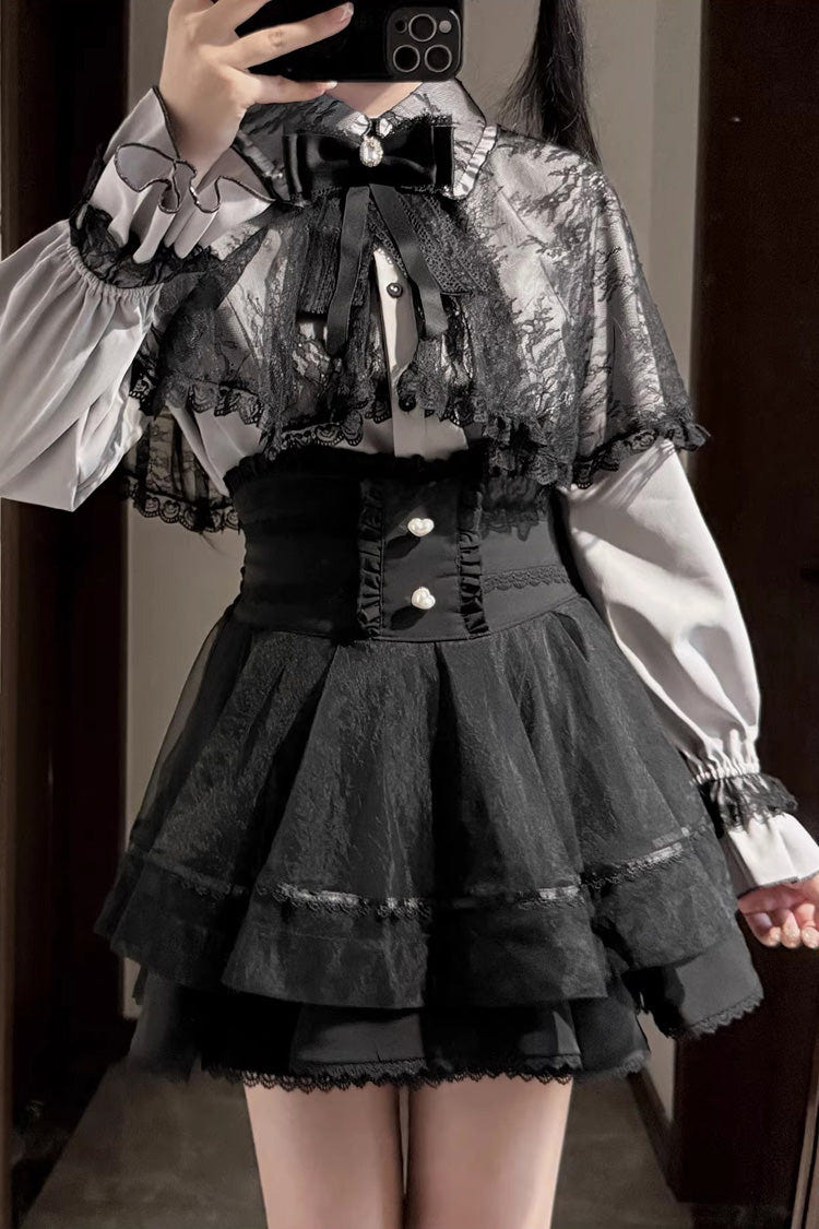 [Law of Disorder] Lapel Collar Long Sleeves Bow Lace Sweet Jirai Kei Skirt and Top 3 Colors - Product - 13