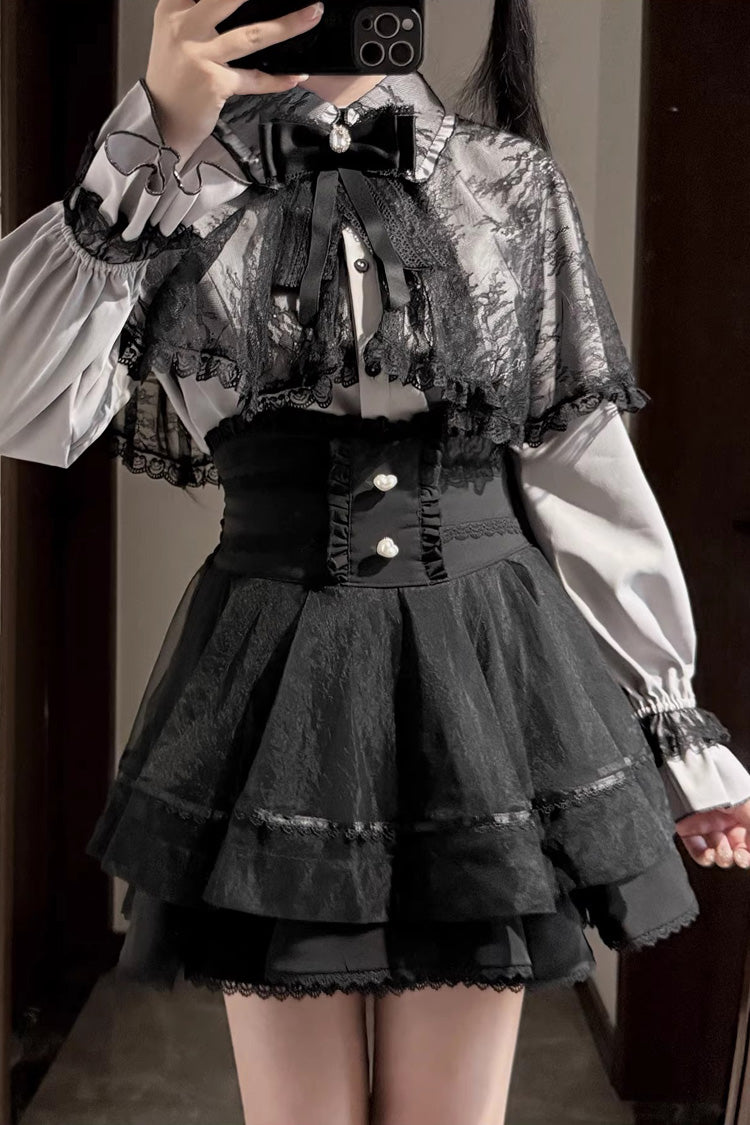 [Law of Disorder] Lapel Collar Long Sleeves Bow Lace Sweet Jirai Kei Skirt and Top 3 Colors - Product - 13
