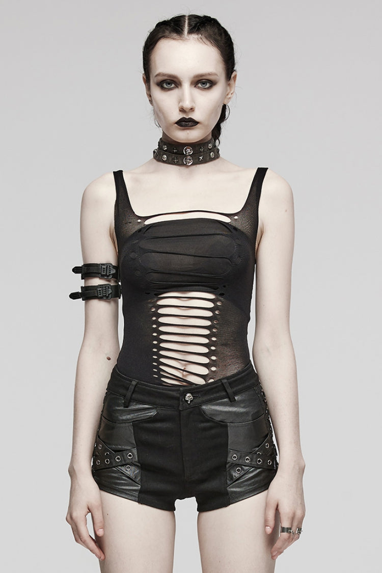 Black Sleeveless Ripped Spaghetti Straps Women's Punk Vest - Black - 1