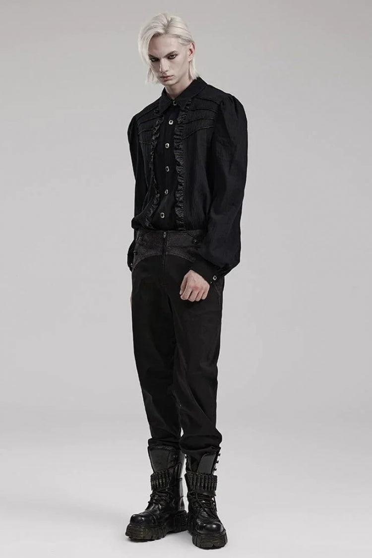 Black Hand-Stitched Button Pleated Long Puff Sleeves Ruffle Mens Gothic Blouse - Product - 4