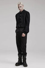 Black Hand-Stitched Button Pleated Long Puff Sleeves Ruffle Mens Gothic Blouse - Product - 4