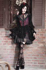 Black/Red [Rose Cemetery] Long Puff Sleeves Hollow Lace Gothic Lolita Dress - Product - 5