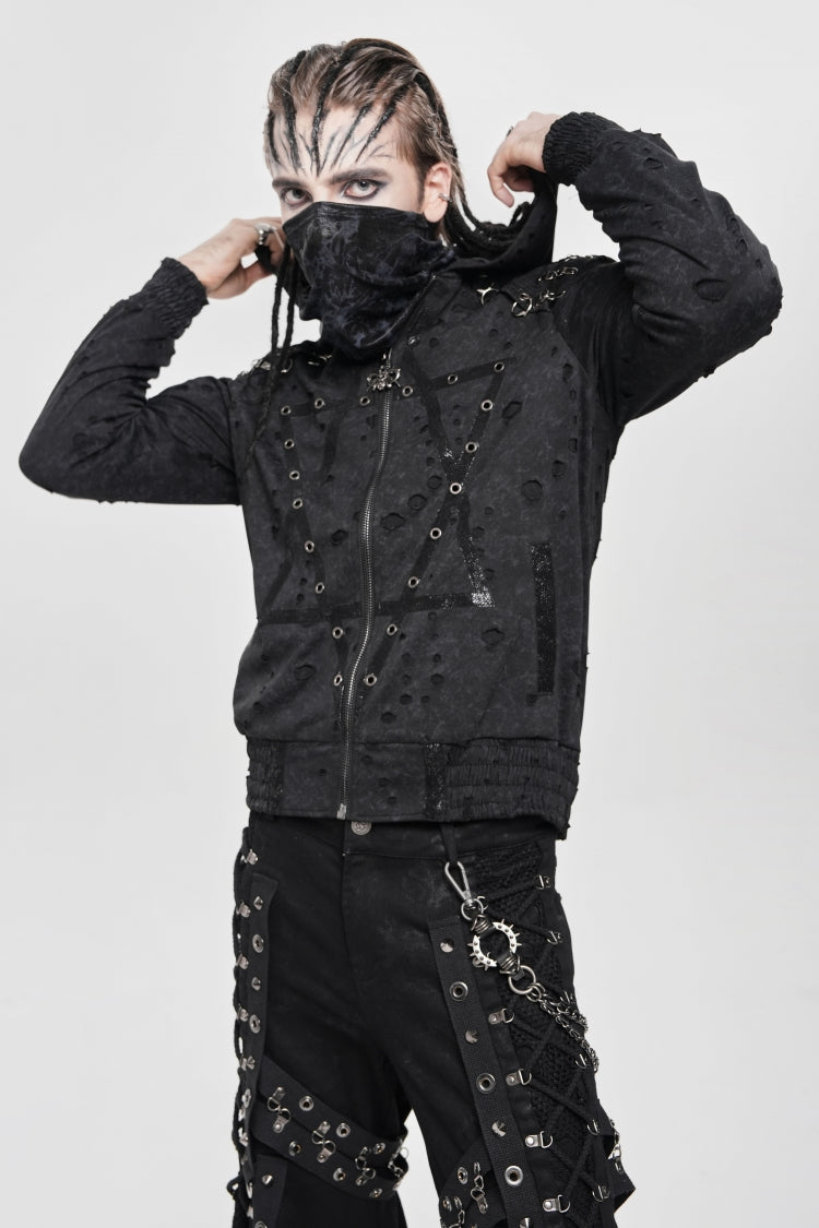 Black Long Sleeves Hexagram Print Hooded Ripped Pleated Men's Punk Coat - Product - 13