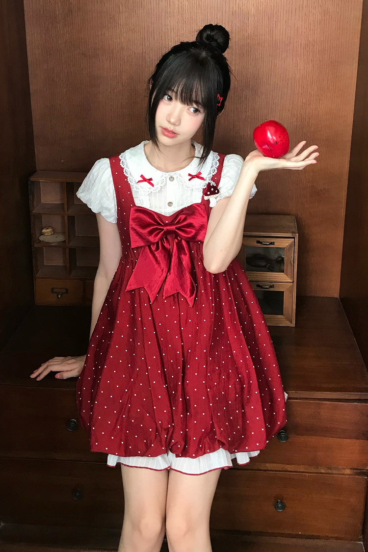 Red [Little Mushroom] Sleeveless Polka Dot Printed Ruffled Bow Sweet Lolita Jsk Dress - Product - 3