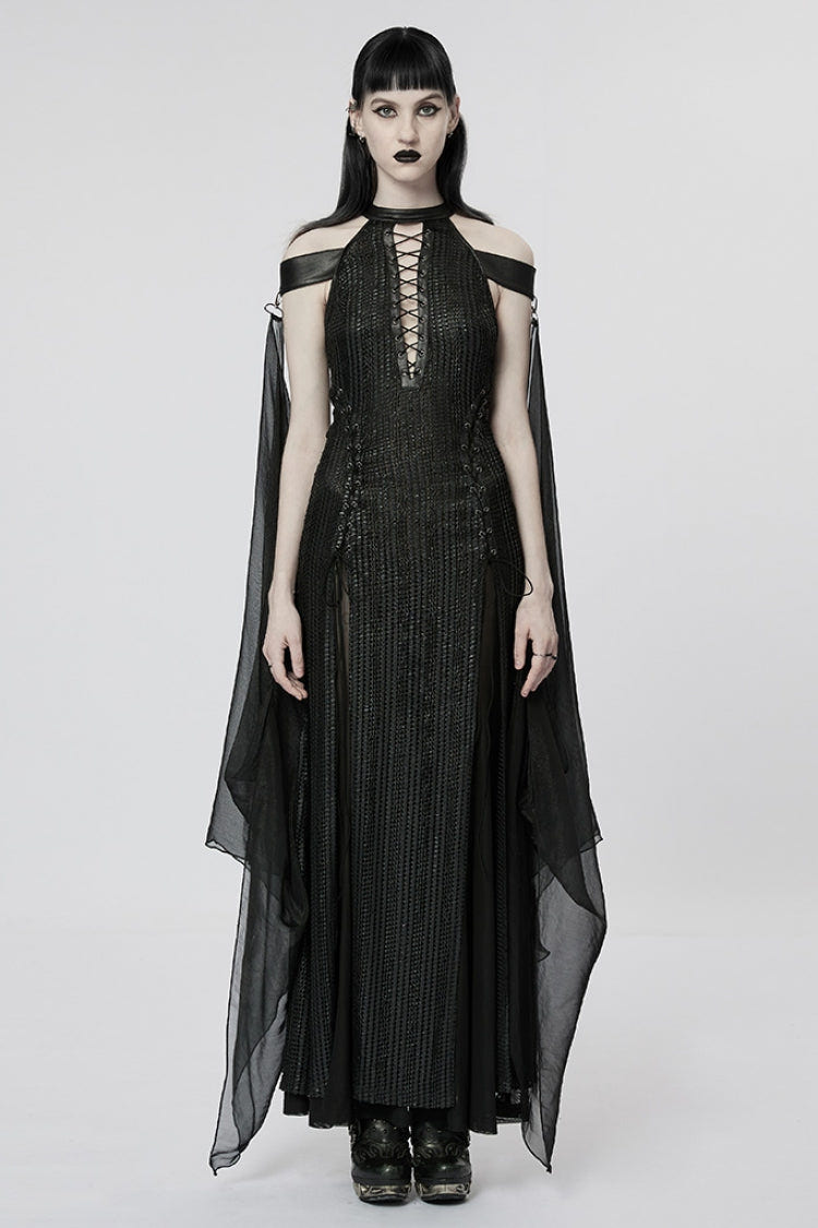 Black Side Slit Hollow Lace-Up Slim Mesh Women's Gothic Dress with Detachable Cape - Product - 2
