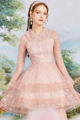 Pink Vintage French Doll Collar Ruffled Long Sleeves Mesh Embroidered Sweet Lolita OP Dress - Product - 2
