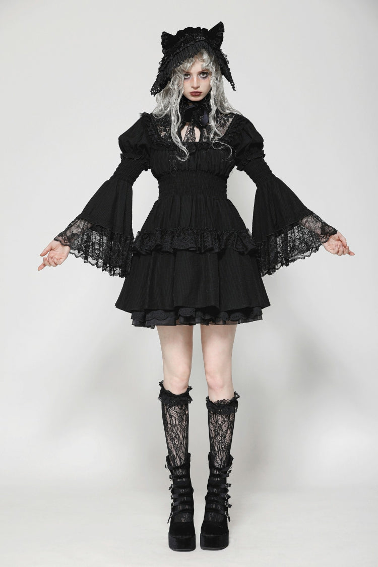 Black Lace Ruffled Stand Collar Long Puff Sleeves Cut-Out Women's Gothic Grad Dress - Black - 1