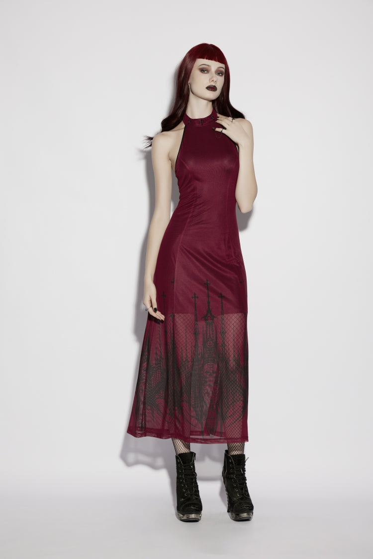 Red Halterneck Sleeveless Double-Layered Church Skull Printed  Printed Lace-Up Slim Women's Gothic Dress Graduation Dress - Product - 16