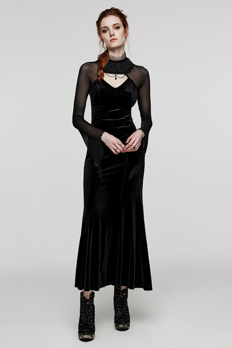 Black Long Sleeves Hollow Stitching Lace Sheer Women's Gothic Gorgeous Dress - Product - 4
