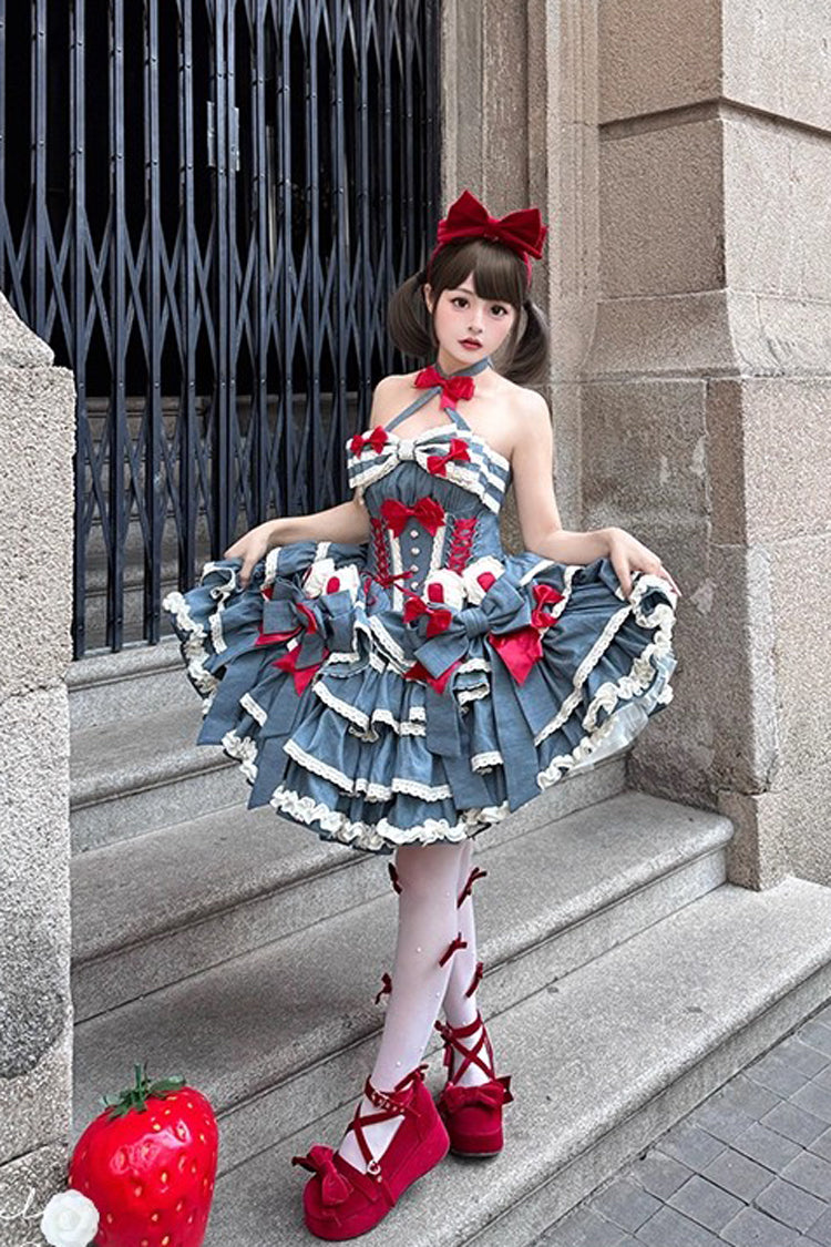 Blue [Milk Rabbit Theater] Halterneck Sleeveless Triple-Layered Ruffle Bowknot Lace-Up Sweet Lolita Jsk Dress - Product - 9
