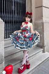 Blue [Milk Rabbit Theater] Halterneck Sleeveless Triple-Layered Ruffle Bowknot Lace-Up Sweet Lolita Jsk Dress - Product - 9