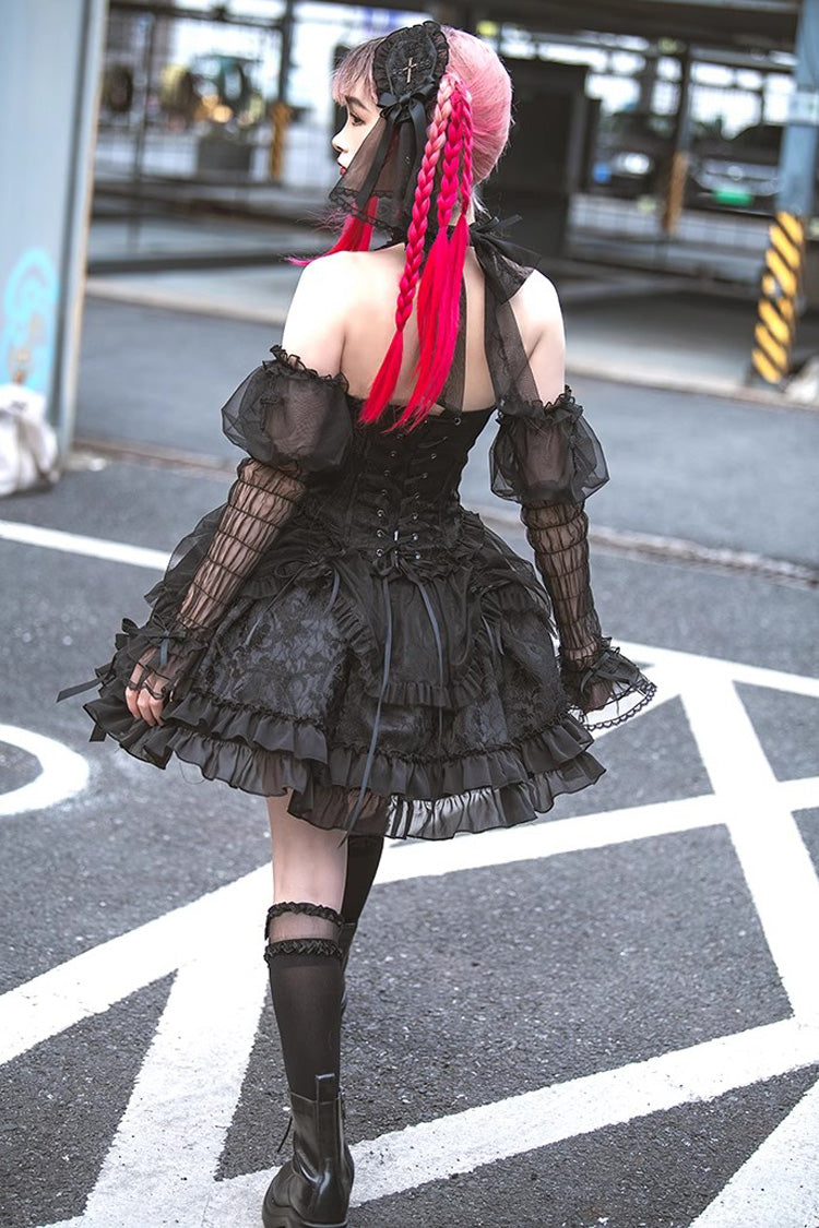 Dark Black Tube Top Sleeveless Blowknot Ruffled Gothic Lolita Tiered Dress - Product - 10