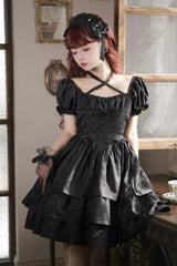 Black Thorn Rose Short Sleeves Multi-layer Ruffle Bowknot Gothic Princess Lolita Dress - Product - 3