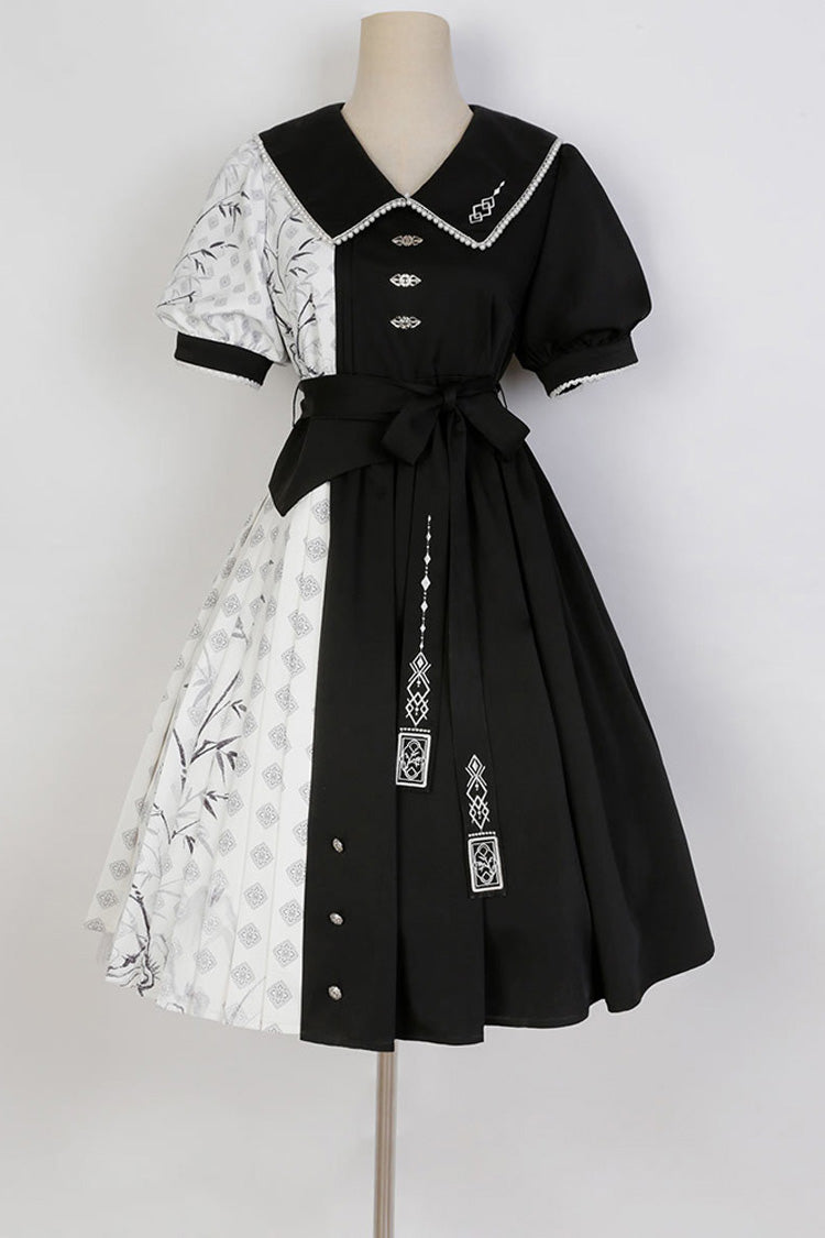 Black/White Stitching Chinese Style Bamboo Print High Waisted Sweet Lolita Dress - Product - 7
