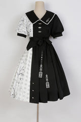 Black/White Stitching Chinese Style Bamboo Print High Waisted Sweet Lolita Dress - Product - 7