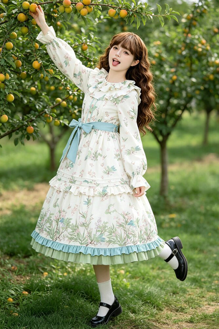 Apricot Round Collar Long Sleeves Double-Layered Floral Bird Printed Ruffled Bow Sweet Plus Size Lolita Dress - Product - 2