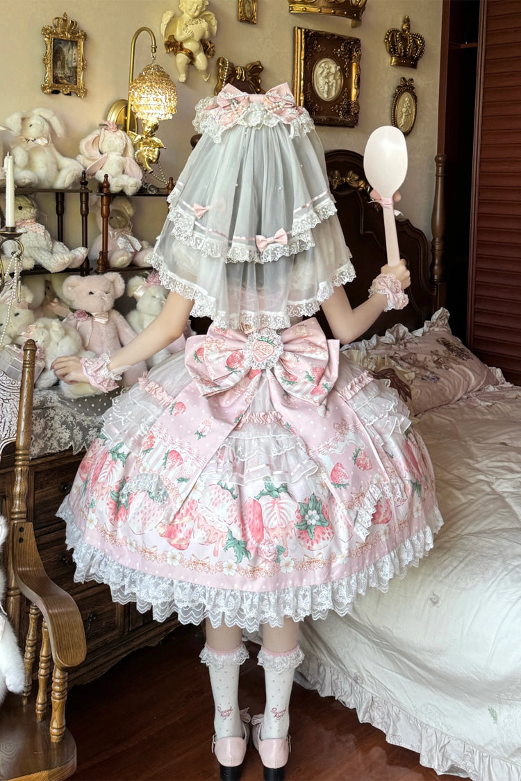 Pink [Berry Sweet Wish] Square Collar Printed Ruffled Open-Front Bow Lace Pearl-Decorated Sweet Lolita Jsk Dress Set - Product - 4