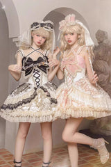 Black/Gold [Lilibet] Print Ruffle Cardigan Bowknot Lace Fishbone Sweet Lolita Dress - Black/Gold - 1