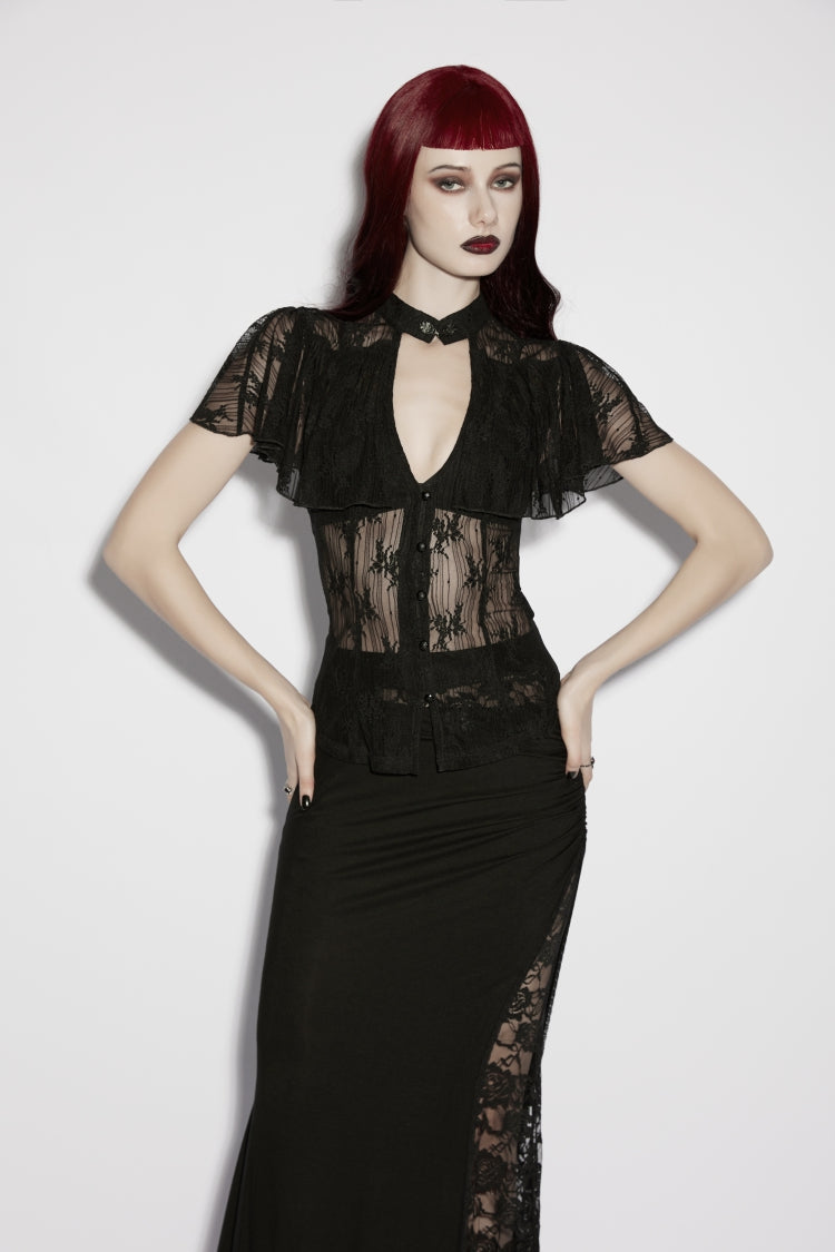 Black Short Sleeves Cut-Out Lace Lace-Up Slim Fit Women's Gothic Cool Cosplay Blouse - Black - 1
