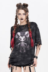Black Short Sleeves Lilimar Print Ripped Women's Punk T-Shirt - Product - 3
