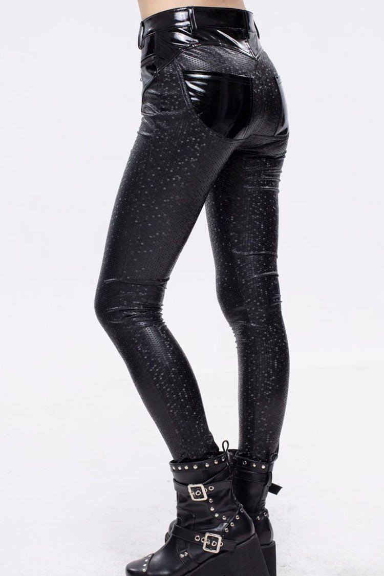 Black Gothic Hexagon Pattern Irregular Star Reflection Shiny Elasticity Leather Women's Leggings - Product - 4