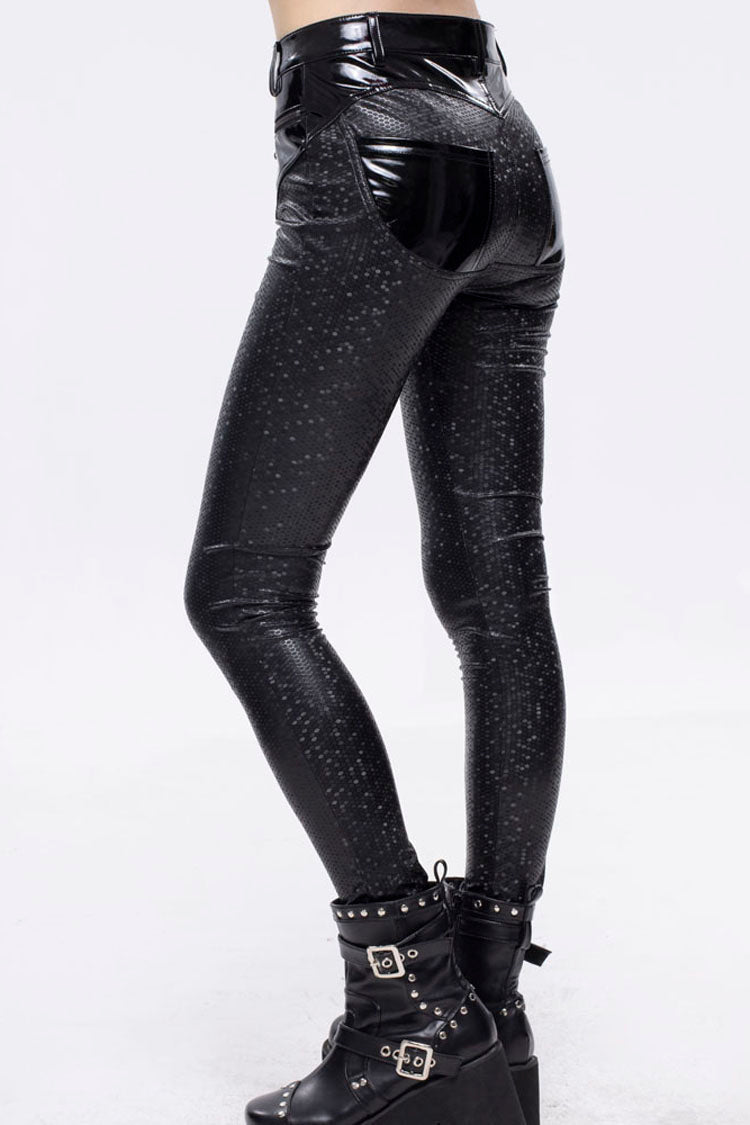 Black Gothic Hexagon Pattern Irregular Star Reflection Shiny Elasticity Leather Women's Leggings - Product - 4