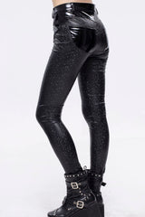 Black Gothic Hexagon Pattern Irregular Star Reflection Shiny Elasticity Leather Women's Leggings - Product - 4