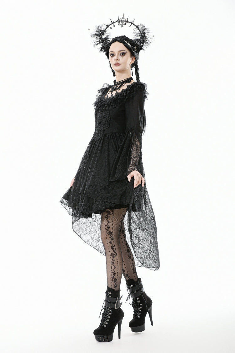 Black Lace Ruffled Boat Neck Long Trumpet Sleeves High-Low Hem Women's Gothic Dress - Product - 11