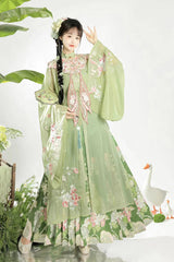 Green Stand Collar Long Sleeves Ming-Style Embroidery Cloud Shoulder Sweet Hanfu Horse-Face Dress Set - Green - 1
