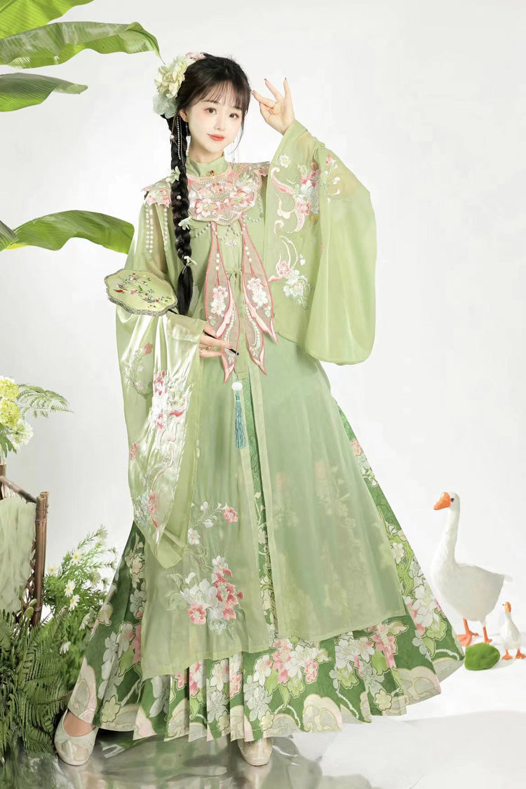 Green Stand Collar Long Sleeves Ming-Style Embroidery Cloud Shoulder Sweet Hanfu Horse-Face Dress Set - Green - 1