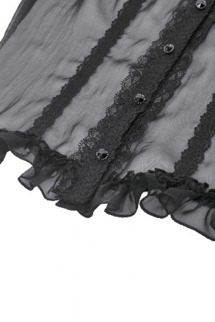 Black Multi-Layered Ruffled Lace Short Puff Sleeves Sheer Women's Courtly Gothic Blouse - Product - 15