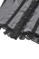 Black Multi-Layered Ruffled Lace Short Puff Sleeves Sheer Women's Courtly Gothic Blouse - Product - 15