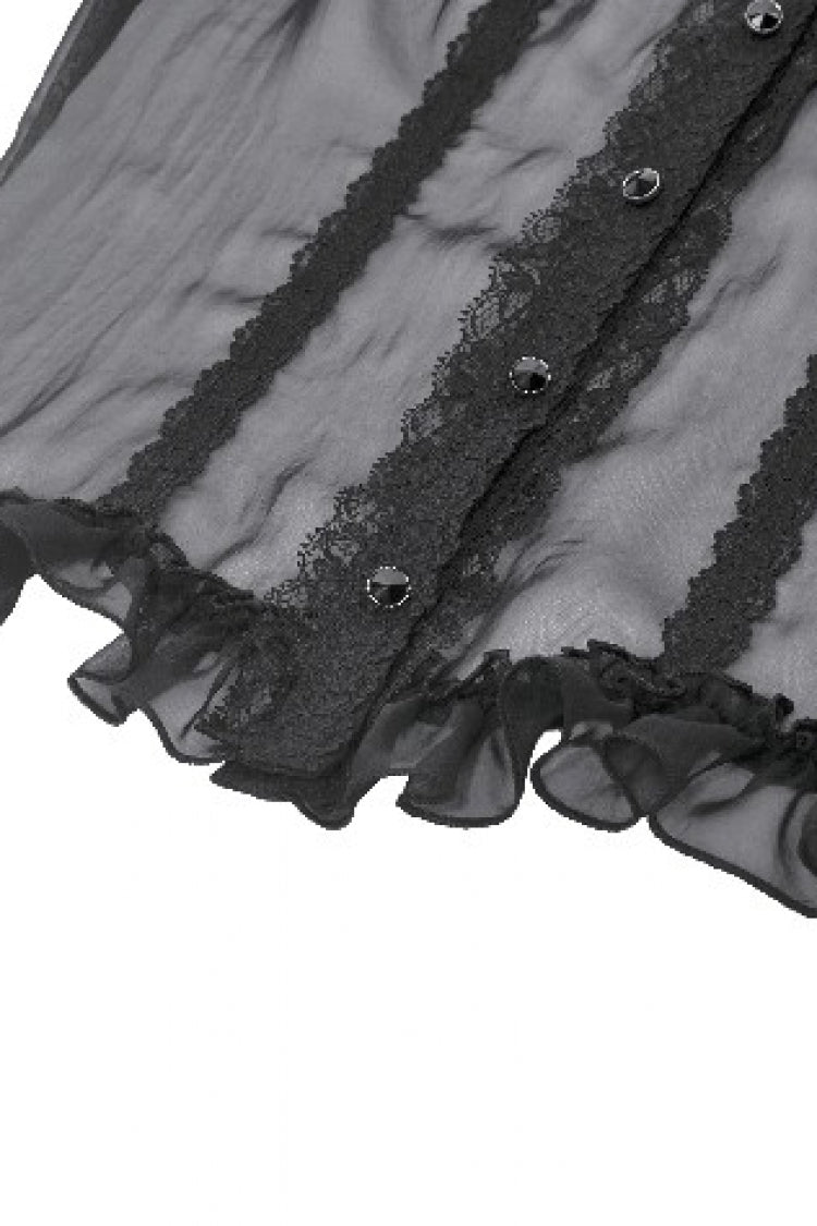 Black Multi-Layered Ruffled Lace Short Puff Sleeves Sheer Women's Courtly Gothic Blouse - Product - 15