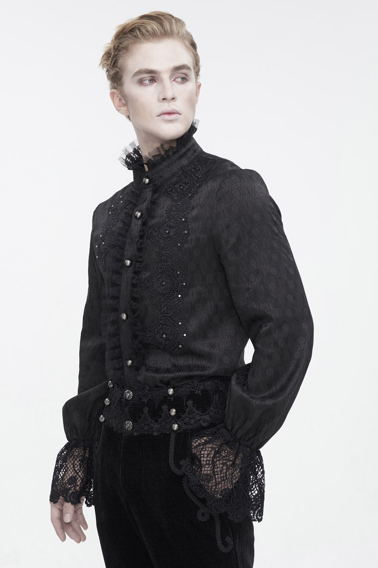 Black Stand Collar Puff Sleeved Lace Splice Men's Gothic Shirt - Product - 2