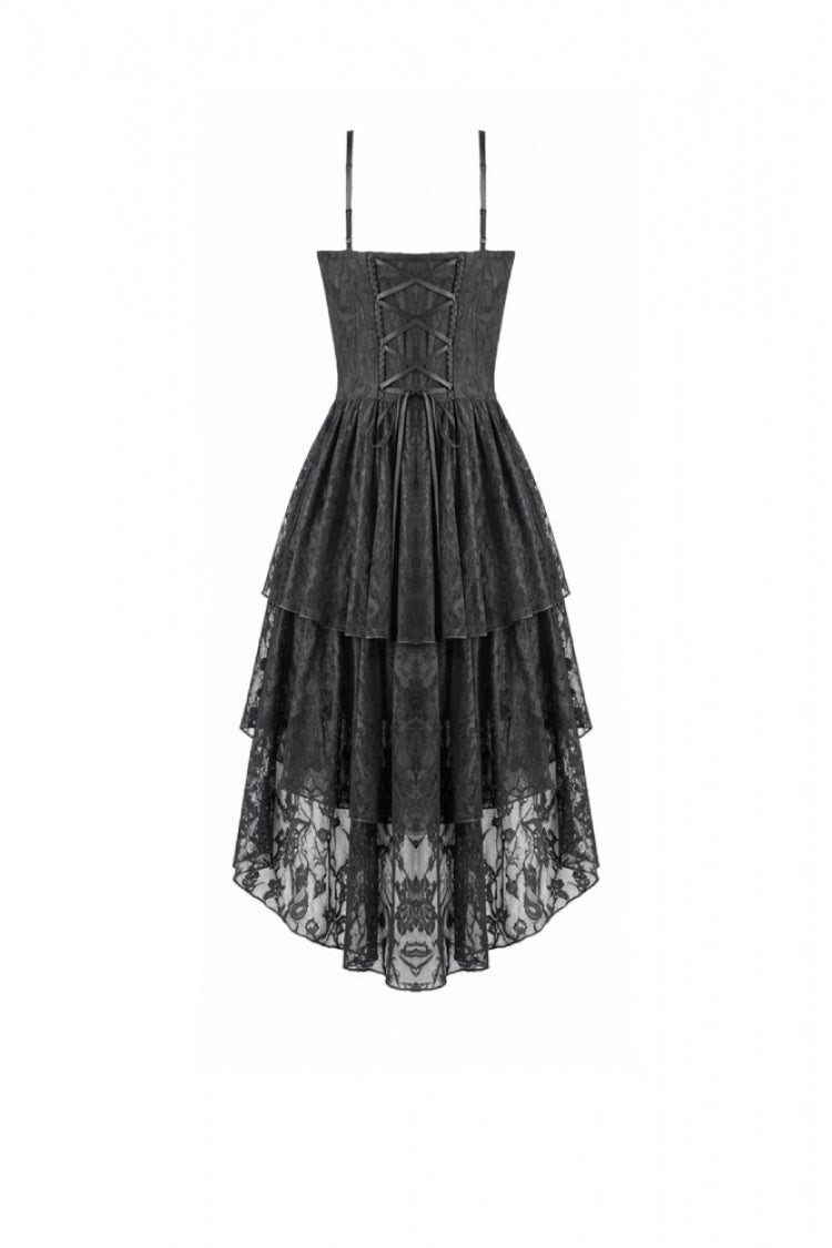 Black Lace-Up Women's Gothic High-Low Multi-Layered Ruffled Tail Lace Slip Dress - Product - 12