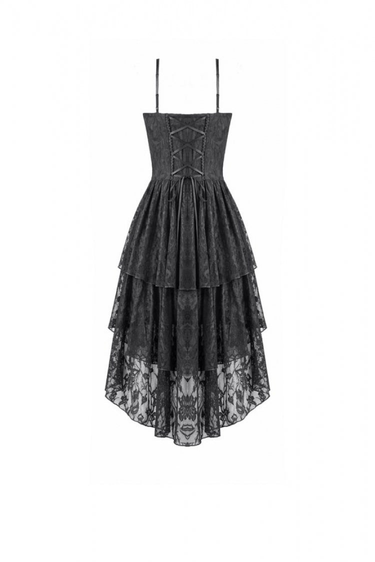 Black Lace-Up Women's Gothic High-Low Multi-Layered Ruffled Tail Lace Slip Dress - Product - 12