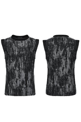 Black/Grey Round Collar Sleeveless Print Ripped Distressed Eyelet Men's Gothic Tank Top - Product - 5