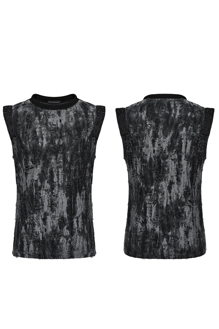 Black/Grey Round Collar Sleeveless Print Ripped Distressed Eyelet Men's Gothic Tank Top - Product - 5