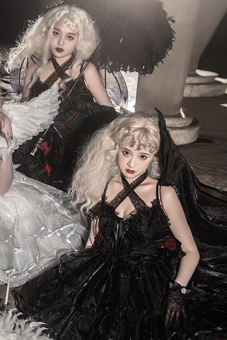 [Seven Deadly Sins] Sleeveless Double-Layered Ruffle Hanayome Bowknot Lace Gothic Plus Size Lolita Jsk Dress 3 Colors - Product - 6