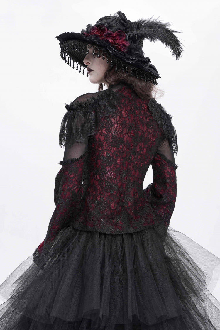Red Stand Collar Long Trumpet Sleeves Embroidery Stitching Lace Women's Gothic Blouse - Product - 5
