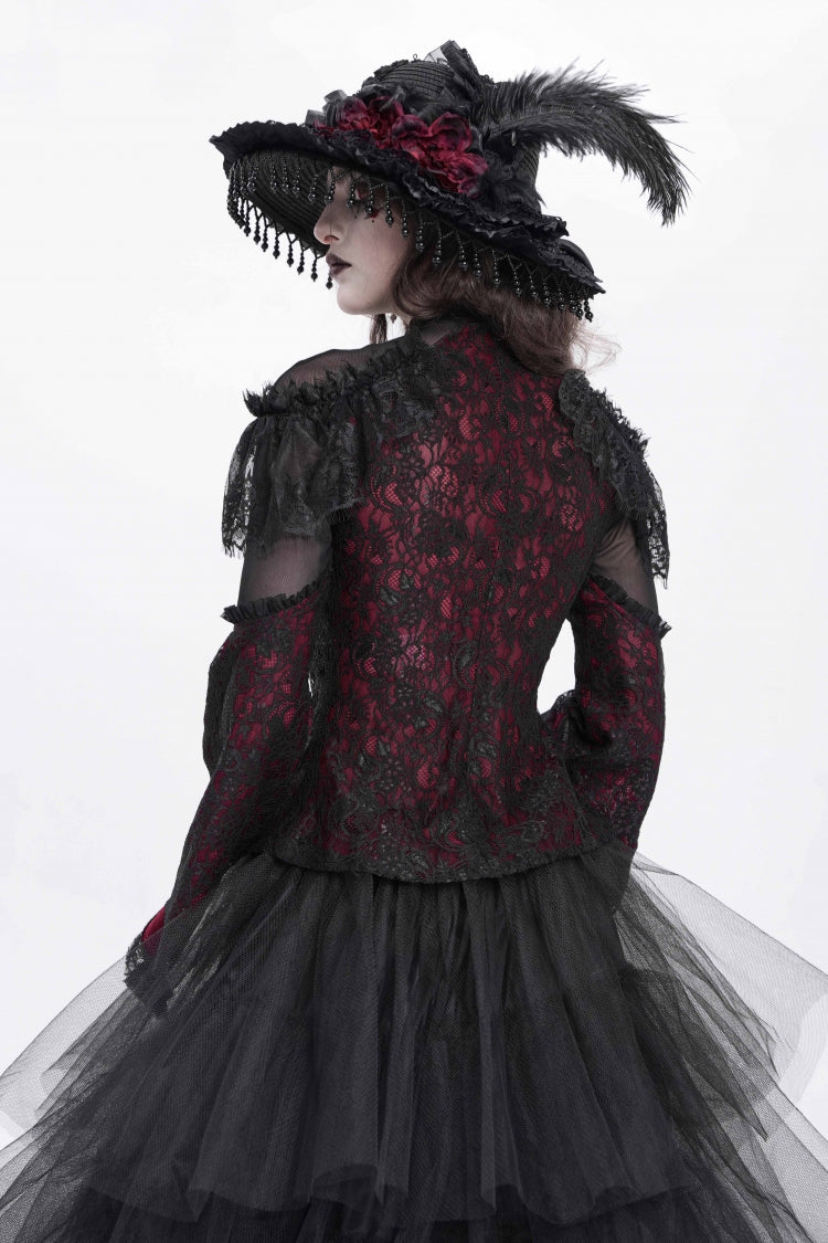 Red Stand Collar Long Trumpet Sleeves Embroidery Stitching Lace Women's Gothic Blouse - Product - 5
